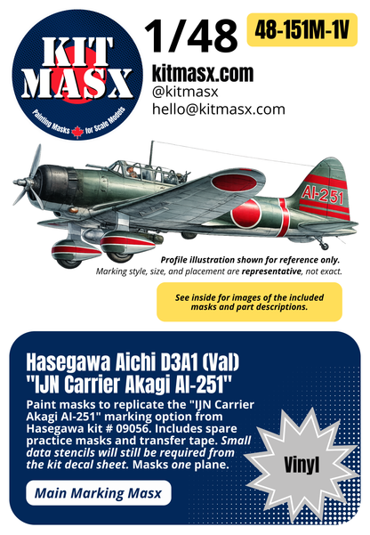 Hasegawa Aichi D3A1 (Val) "IJN Carrier Akagi AI-251" 1/48 Main Marking Paint Masks, Kit # 09056 (48151M1)