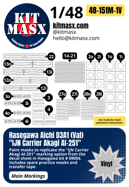 Hasegawa Aichi D3A1 (Val) "IJN Carrier Akagi AI-251" 1/48 Main Marking Paint Masks, Kit # 09056