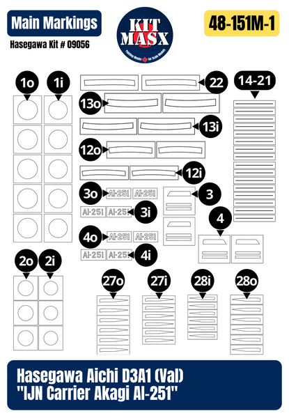Hasegawa Aichi D3A1 (Val) "IJN Carrier Akagi AI-251" 1/48 Main Marking Paint Masks, Kit # 09056