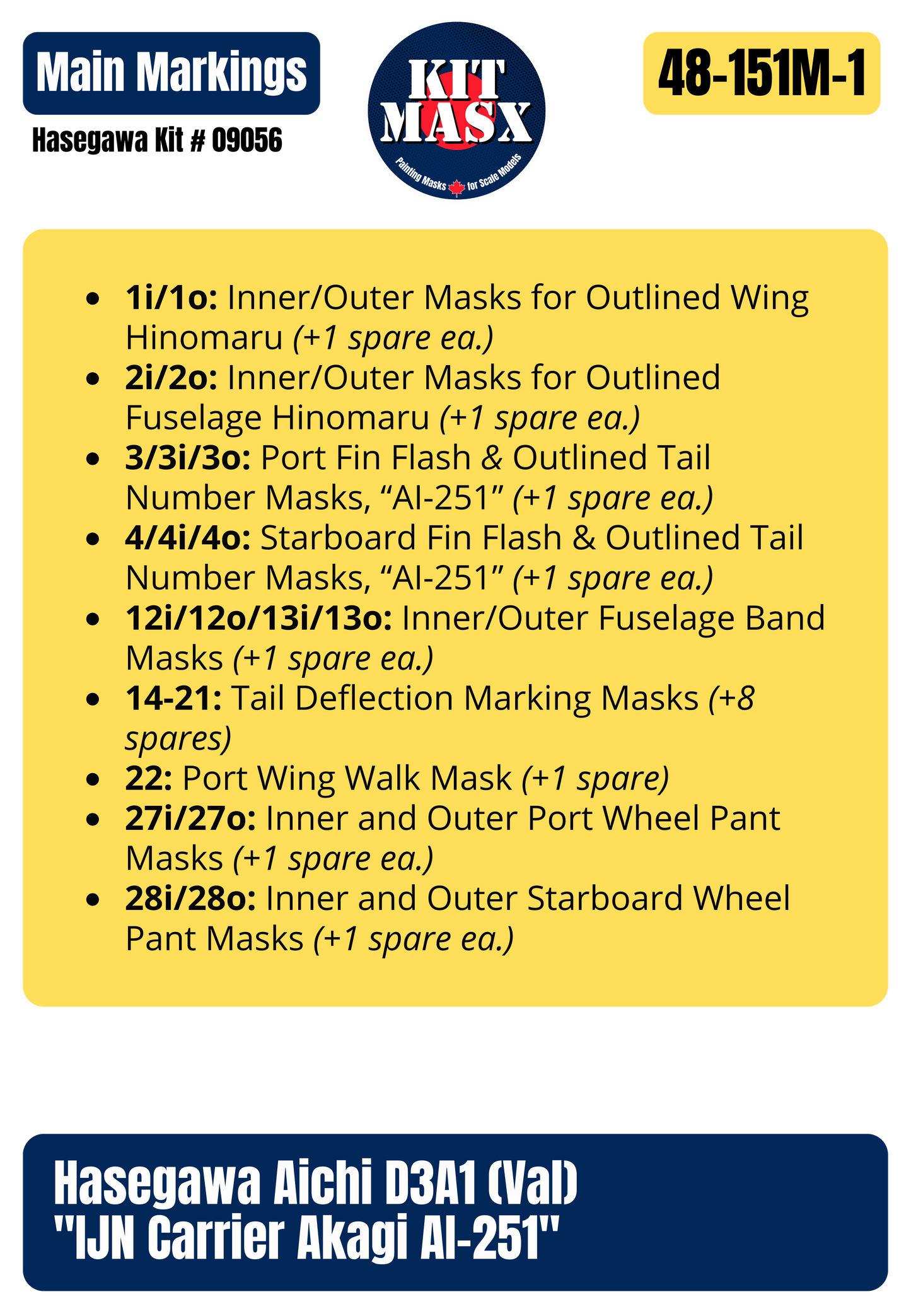 Hasegawa Aichi D3A1 (Val) "IJN Carrier Akagi AI-251" 1/48 Main Marking Paint Masks, Kit # 09056