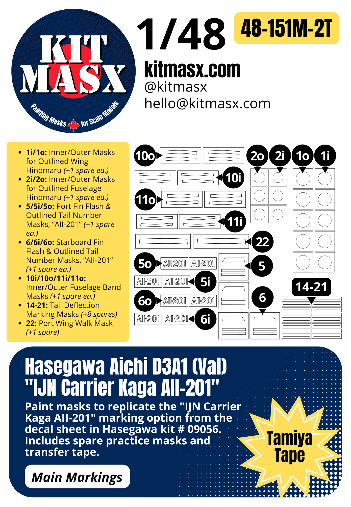 Hasegawa Aichi D3A1 (Val) "IJN Carrier Kaga AII-201" 1/48 Main Marking Paint Masks, Kit # 09056