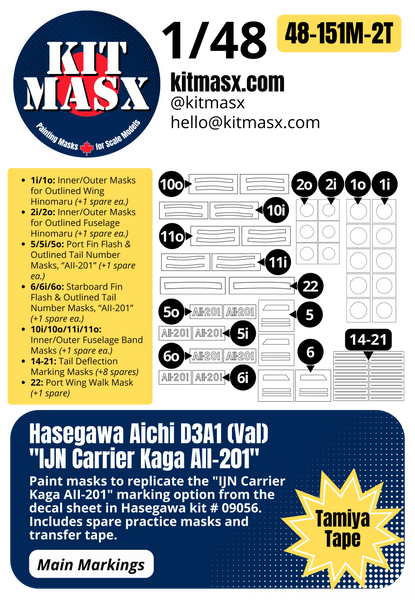 Hasegawa Aichi D3A1 (Val) "IJN Carrier Kaga AII-201" 1/48 Main Marking Paint Masks, Kit # 09056