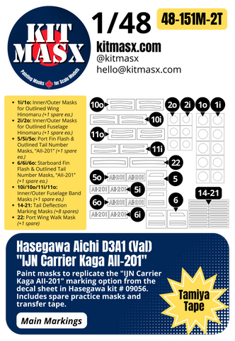 Hasegawa Aichi D3A1 (Val) "IJN Carrier Kaga AII-201" 1/48 Main Marking Paint Masks, Kit # 09056