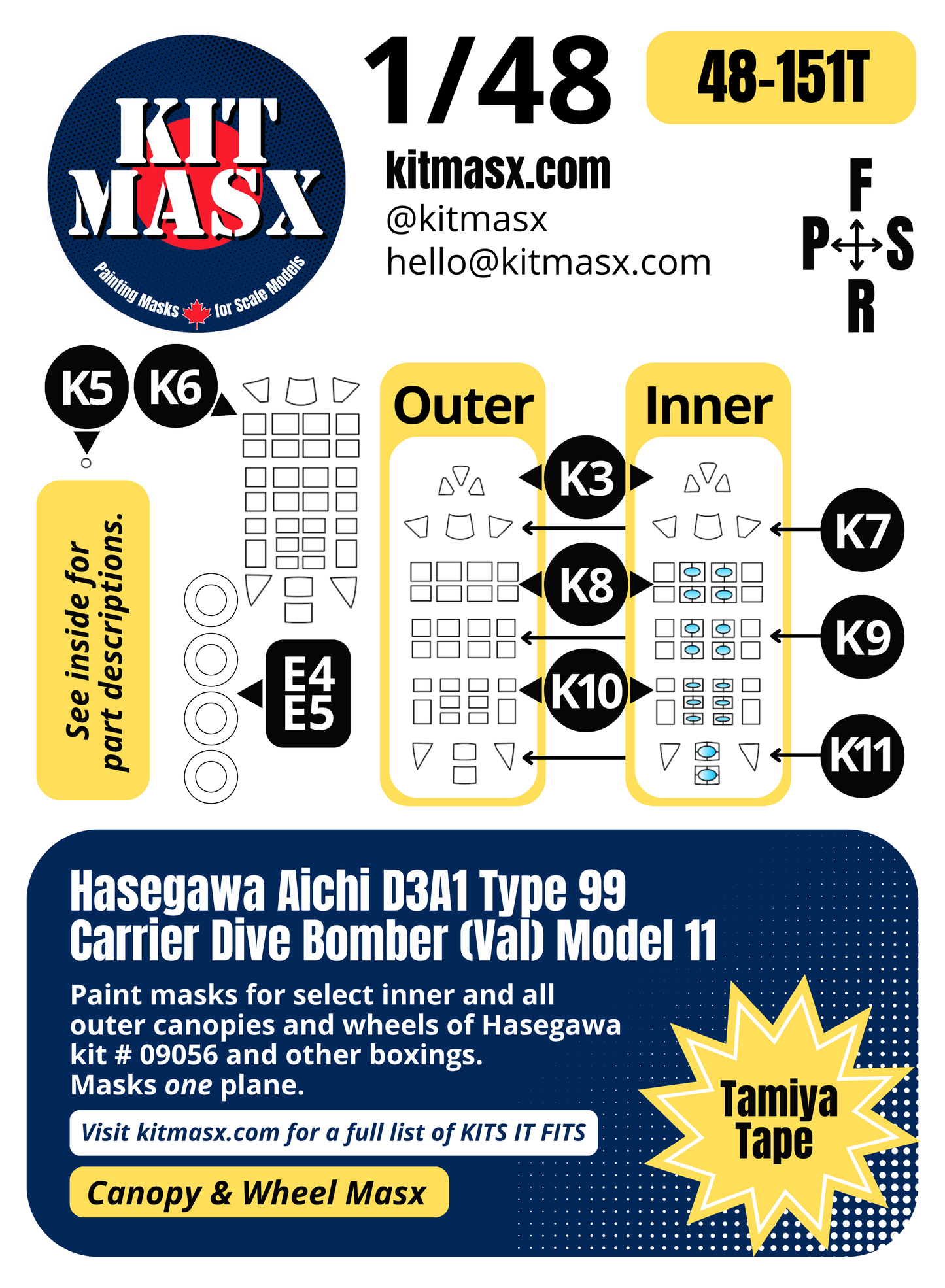 Hasegawa Aichi D3A1 Type 99 Carrier Dive Bomber (Val) Model 11 1/48 Canopy & Wheel Paint Masks, Kit # 09056 (48151)
