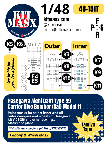 Hasegawa Aichi D3A1 Type 99 Carrier Dive Bomber (Val) Model 11 1/48 Canopy & Wheel Paint Masks, Kit # 09056 (48151)