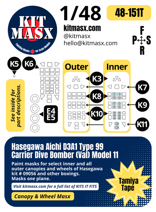 Hasegawa Aichi D3A1 Type 99 Carrier Dive Bomber (Val) Model 11 1/48 Canopy & Wheel Paint Masks, Kit # 09056 (48151)