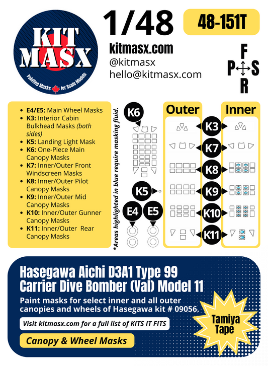 Hasegawa Aichi D3A1 Type 99 Carrier Dive Bomber (Val) Model 11 1/48 Canopy & Wheel Paint Masks, Kit # 09056