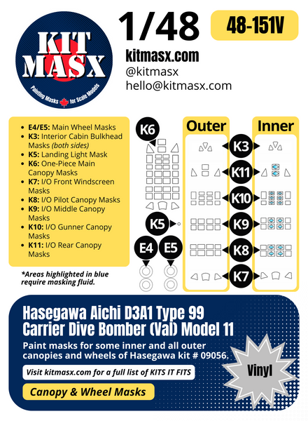 Hasegawa Aichi D3A1 Type 99 Carrier Dive Bomber (Val) Model 11 1/48 Canopy & Wheel Paint Masks, Kit # 09056