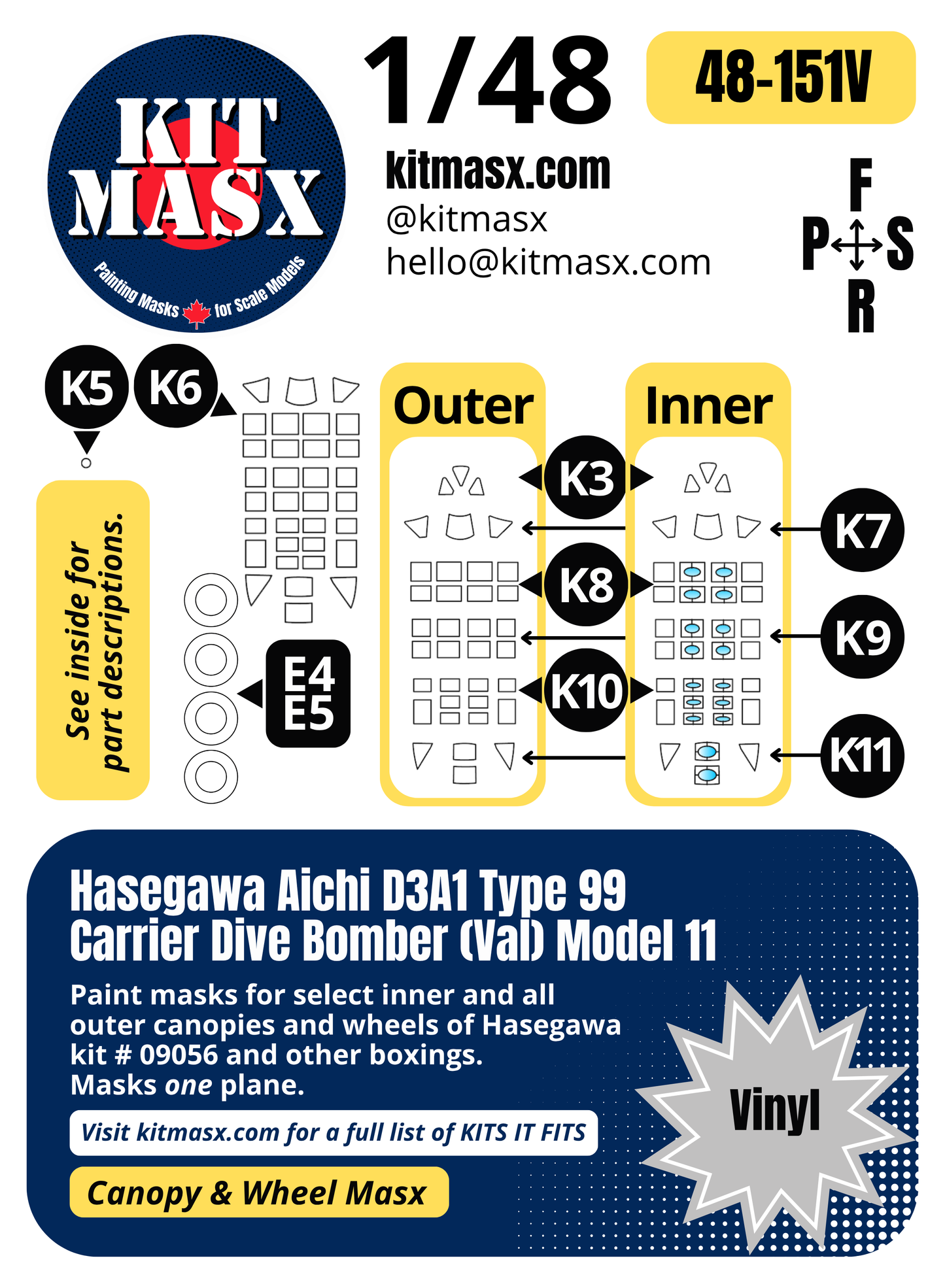 Hasegawa Aichi D3A1 Type 99 Carrier Dive Bomber (Val) Model 11 1/48 Canopy & Wheel Paint Masks, Kit # 09056 (48151)