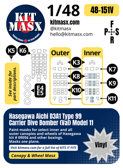 Hasegawa Aichi D3A1 Type 99 Carrier Dive Bomber (Val) Model 11 1/48 Canopy & Wheel Paint Masks, Kit # 09056 (48151)