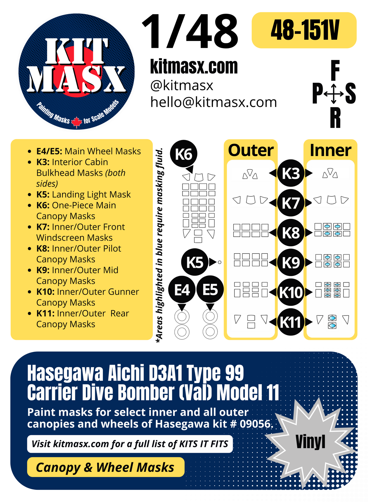 Hasegawa Aichi D3A1 Type 99 Carrier Dive Bomber (Val) Model 11 1/48 Canopy & Wheel Paint Masks, Kit # 09056