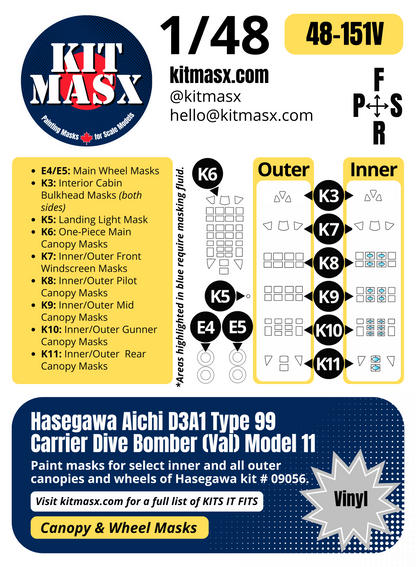 Hasegawa Aichi D3A1 Type 99 Carrier Dive Bomber (Val) Model 11 1/48 Canopy & Wheel Paint Masks, Kit # 09056
