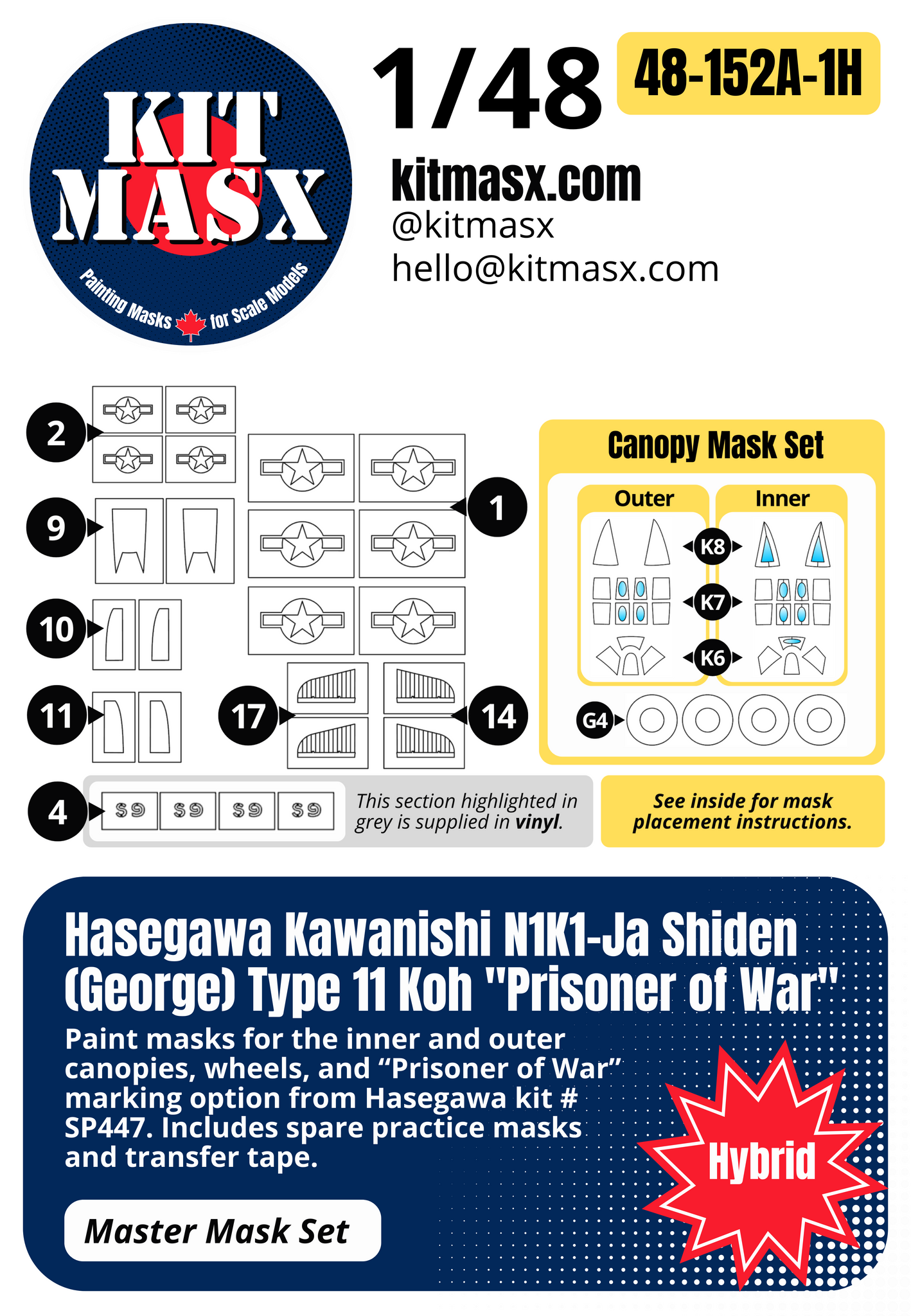 Hasegawa Kawanishi N1K1-Ja Shiden (George) Type 11 Koh "Prisoner of War" 1/48 Master Mask Set, Kit # SP447