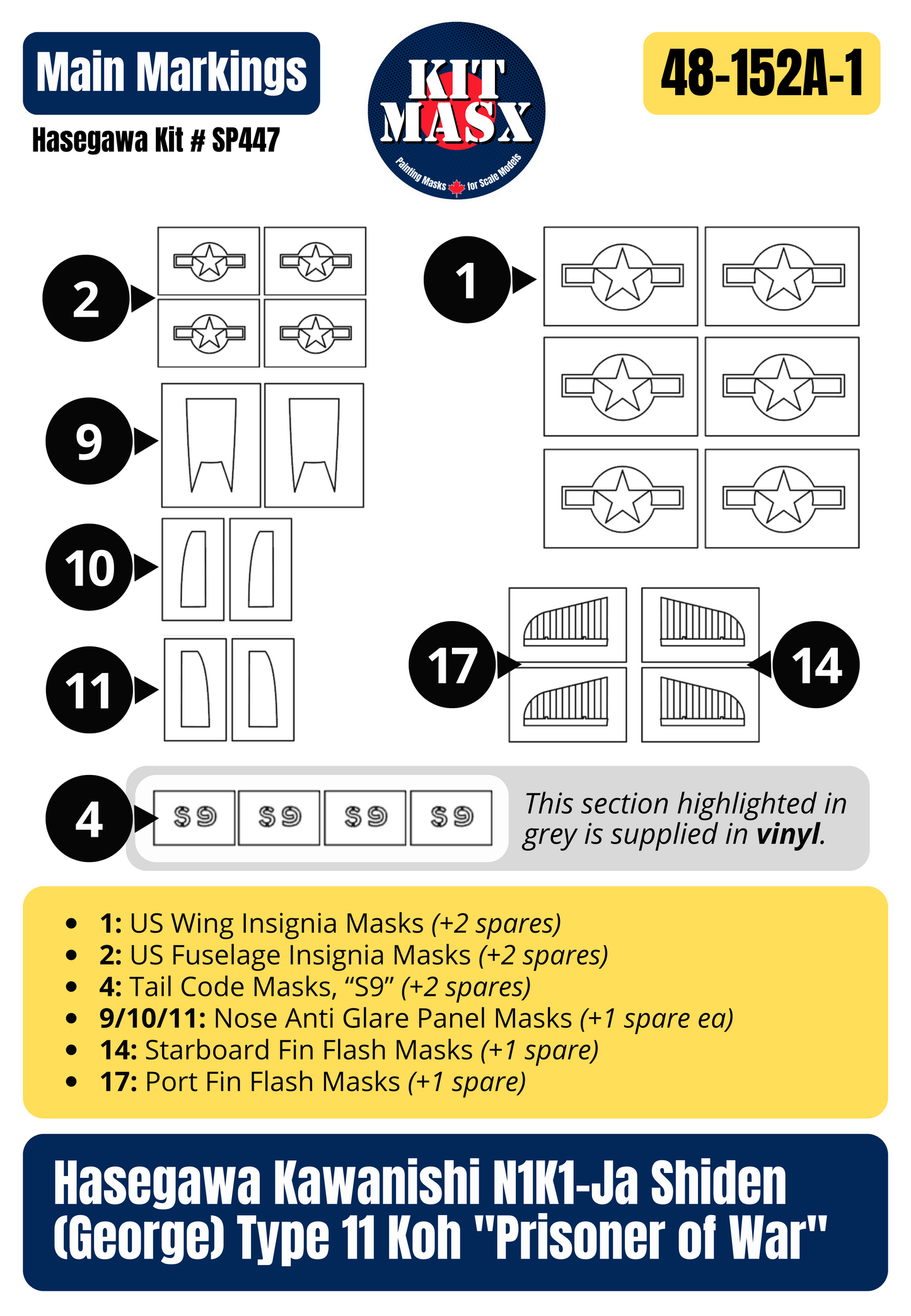 Hasegawa Kawanishi N1K1-Ja Shiden (George) Type 11 Koh "Prisoner of War" 1/48 Master Mask Set, Kit # SP447