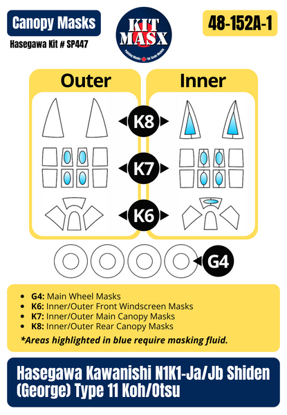 Hasegawa Kawanishi N1K1-Ja Shiden (George) Type 11 Koh "Prisoner of War" 1/48 Master Mask Set, Kit # SP447