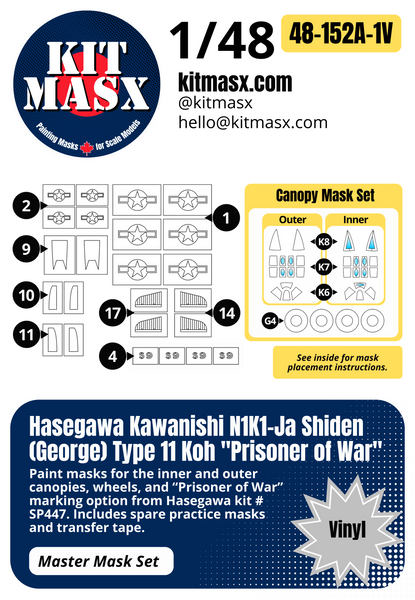 Hasegawa Kawanishi N1K1-Ja Shiden (George) Type 11 Koh "Prisoner of War" 1/48 Master Mask Set, Kit # SP447