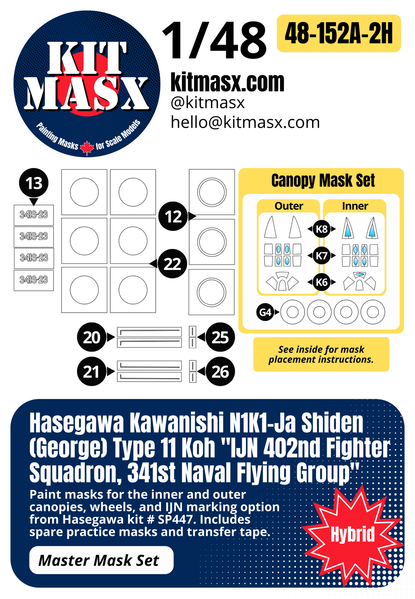 Hasegawa Kawanishi N1K1-Ja Shiden (George) Type 11 Koh "IJN 402nd Fighter Squadron, 341st Naval Flying Group" 1/48 Master Mask Set, Kit # SP447