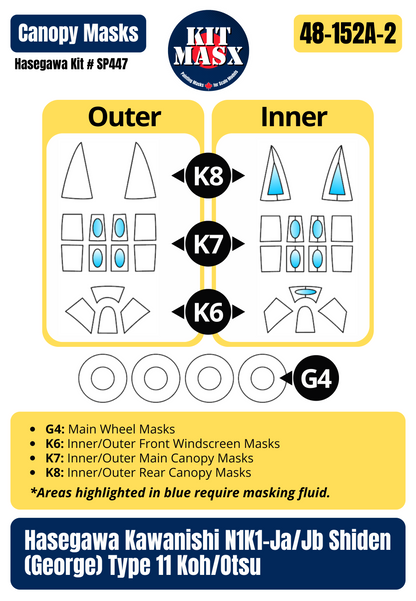 Hasegawa Kawanishi N1K1-Ja Shiden (George) Type 11 Koh "IJN 402nd Fighter Squadron, 341st Naval Flying Group" 1/48 Master Mask Set, Kit # SP447