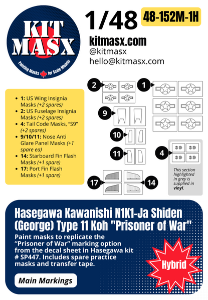 Hasegawa Kawanishi N1K1-Ja Shiden (George) Type 11 Koh "Prisoner of War" 1/48 Main Marking Paint Masks, Kit # SP447