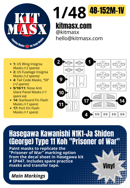 Hasegawa Kawanishi N1K1-Ja Shiden (George) Type 11 Koh "Prisoner of War" 1/48 Main Marking Paint Masks, Kit # SP447