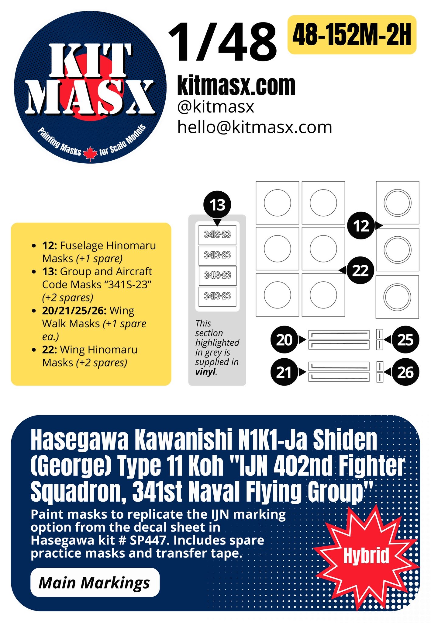 Hasegawa Kawanishi N1K1-Ja Shiden (George) Type 11 Koh "IJN 402nd Fighter Squadron, 341st Naval Flying Group" 1/48 Main Marking Paint Masks, Kit # SP447