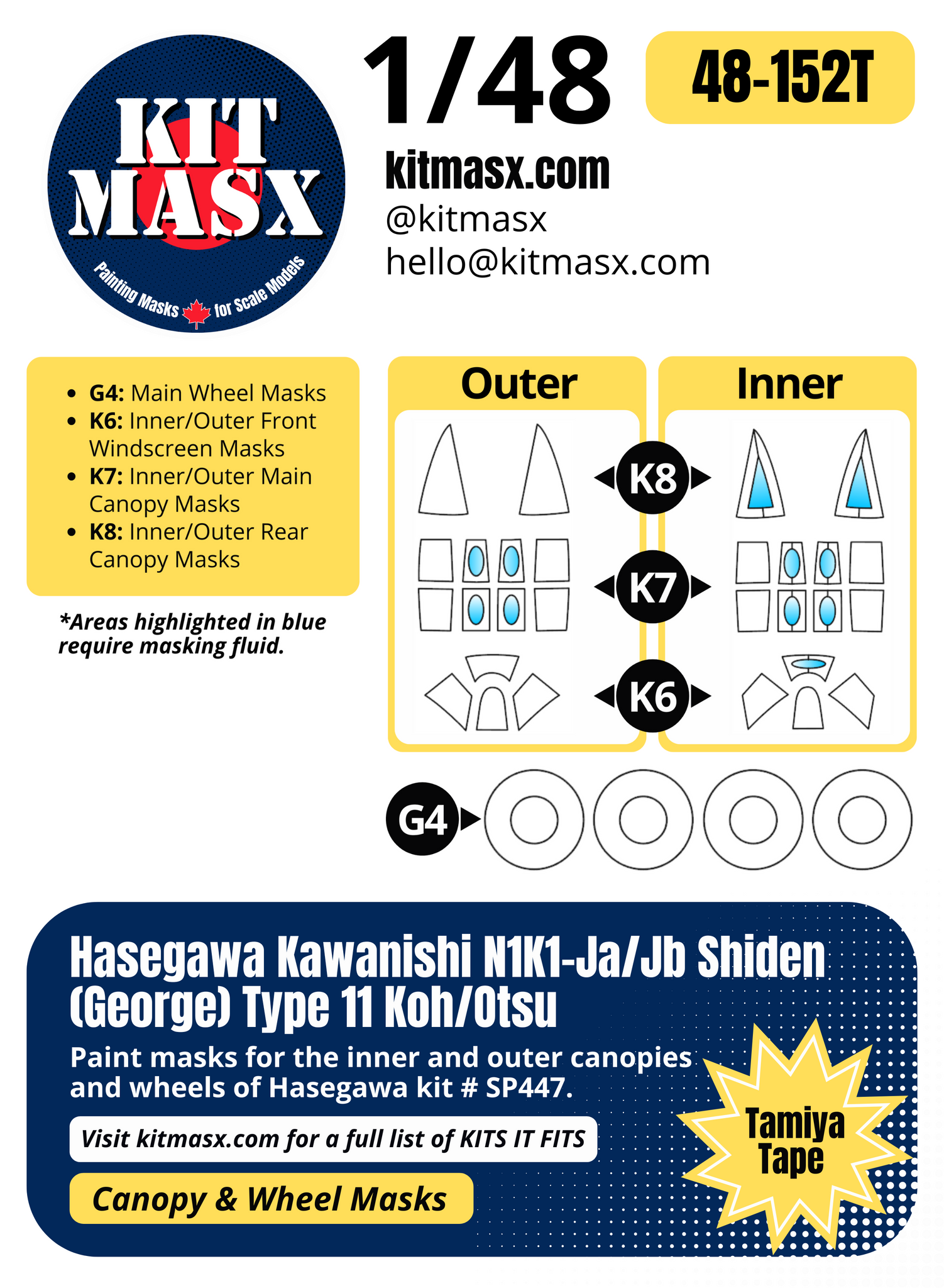 Hasegawa Kawanishi N1K1-Ja/Jb Shiden (George) Type 11 Koh/Otsu 1/48 Canopy & Wheel Paint Masks, Kit # SP447