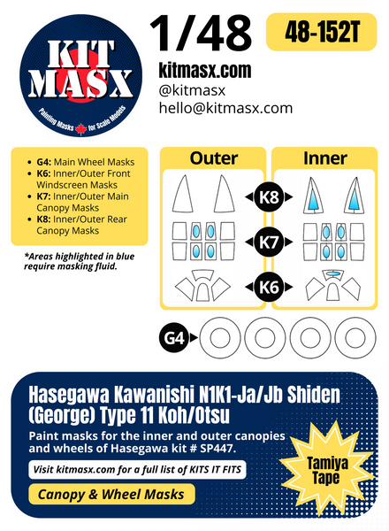 Hasegawa Kawanishi N1K1-Ja/Jb Shiden (George) Type 11 Koh/Otsu 1/48 Canopy & Wheel Paint Masks, Kit # SP447