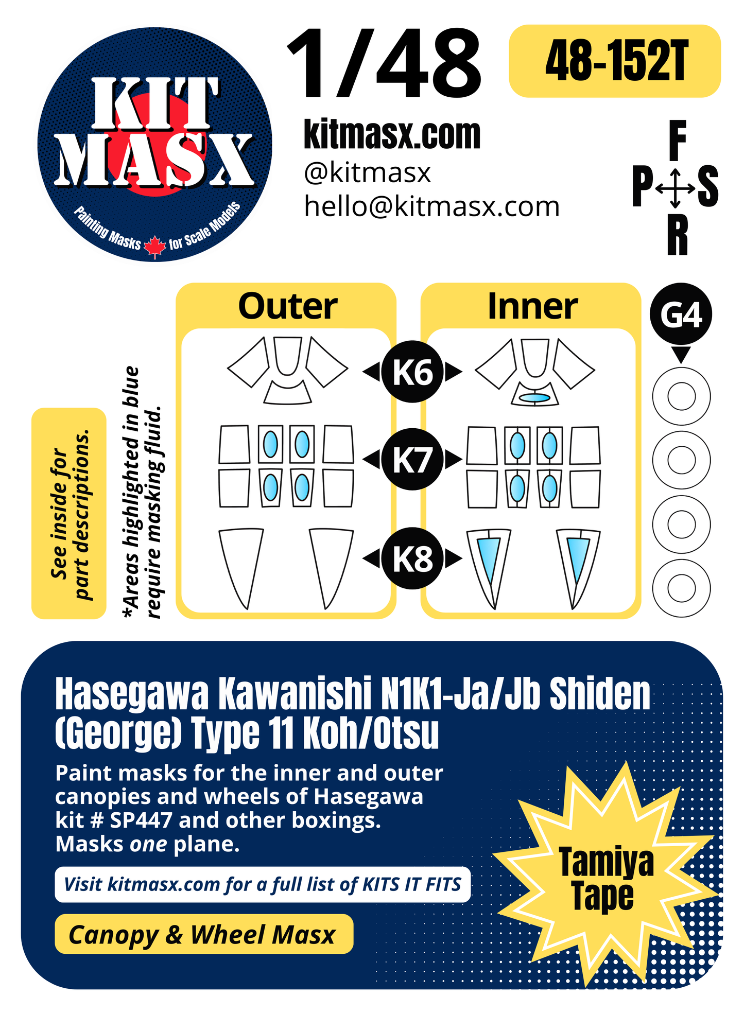 Hasegawa Kawanishi N1K1-Ja/Jb Shiden (George) Type 11 Koh/Otsu 1/48 Canopy & Wheel Paint Masks, Kit # SP447 (48152)