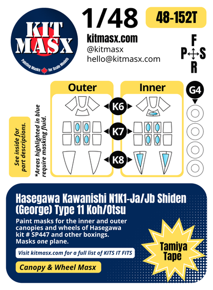Hasegawa Kawanishi N1K1-Ja/Jb Shiden (George) Type 11 Koh/Otsu 1/48 Canopy & Wheel Paint Masks, Kit # SP447 (48152)