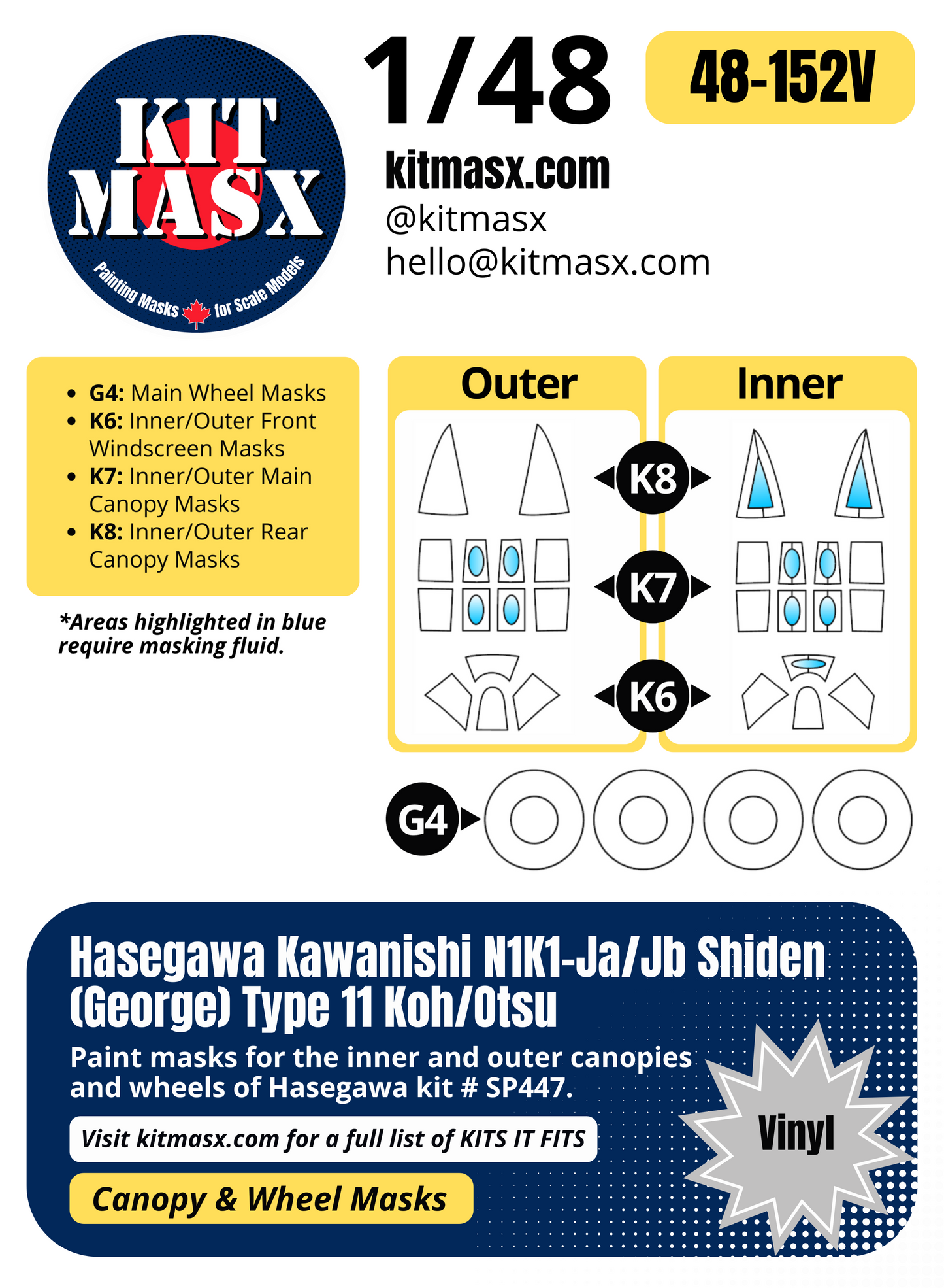 Hasegawa Kawanishi N1K1-Ja/Jb Shiden (George) Type 11 Koh/Otsu 1/48 Canopy & Wheel Paint Masks, Kit # SP447