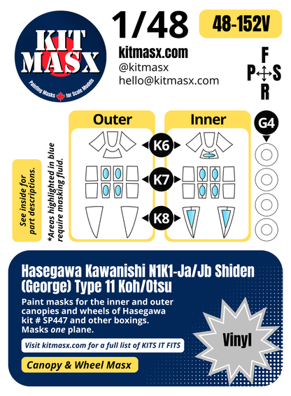 Hasegawa Kawanishi N1K1-Ja/Jb Shiden (George) Type 11 Koh/Otsu 1/48 Canopy & Wheel Paint Masks, Kit # SP447 (48152)