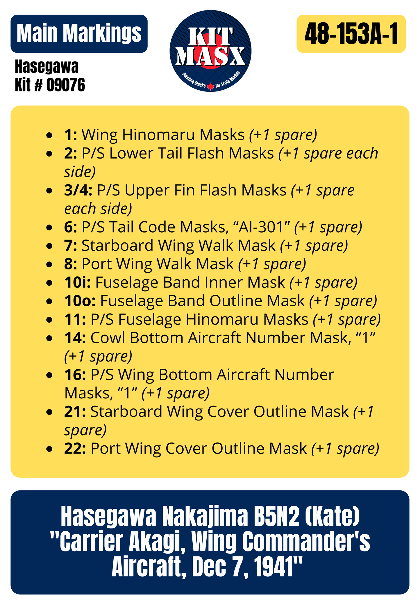 Hasegawa Nakajima B5N2 (Kate) "Carrier Akagi, Wing Commander's Aircraft, Dec 7, 1941" 1/48 All-in-One Master Mask Set, Kit # 09076