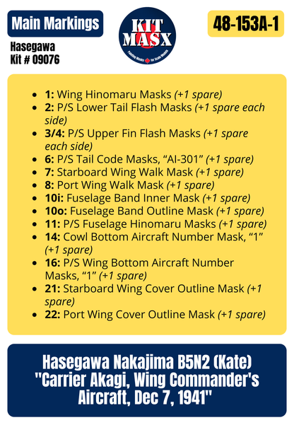 Hasegawa Nakajima B5N2 (Kate) "Carrier Akagi, Wing Commander's Aircraft, Dec 7, 1941" 1/48 All-in-One Master Mask Set, Kit # 09076