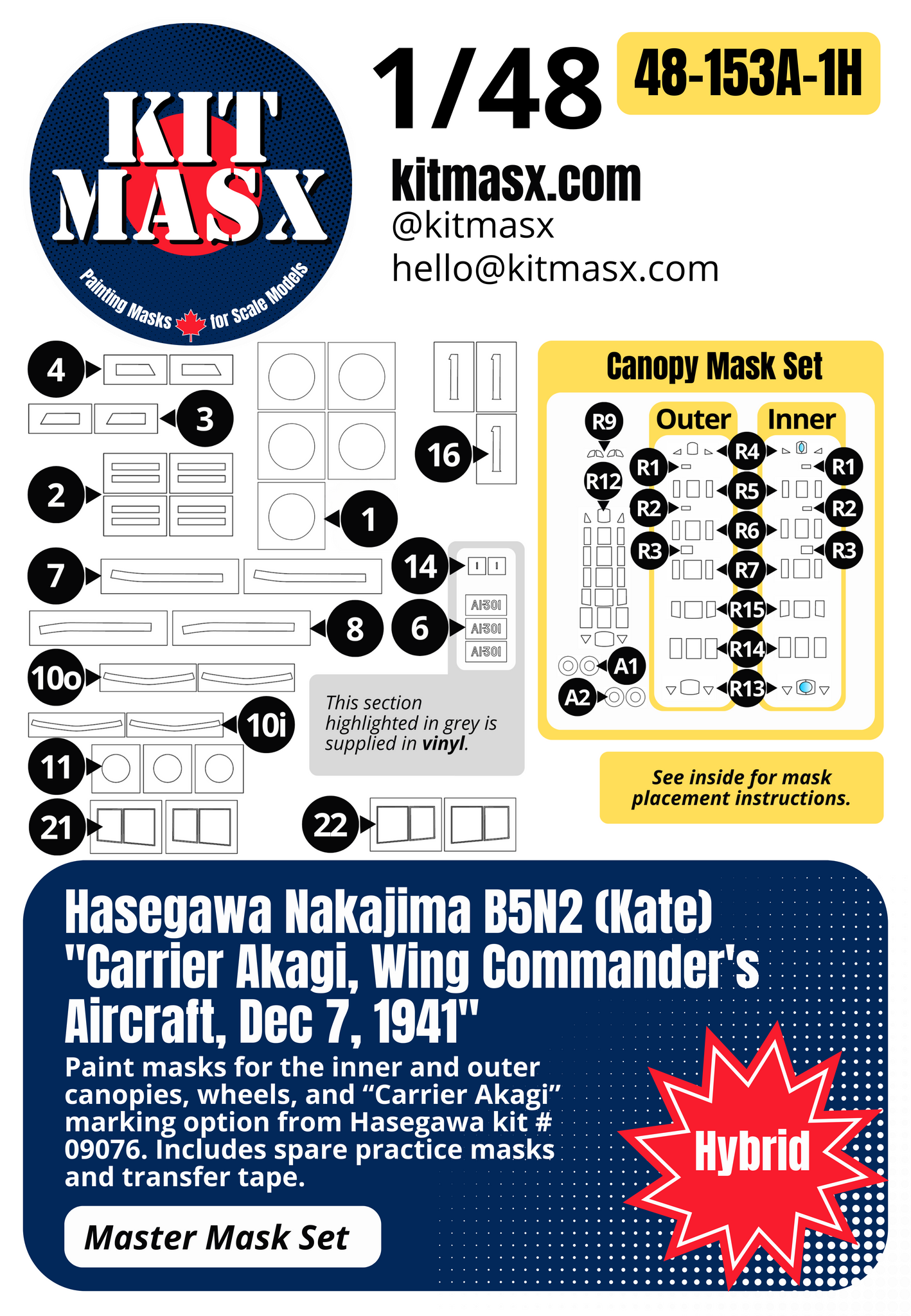 Hasegawa Nakajima B5N2 (Kate) "Carrier Akagi, Wing Commander's Aircraft, Dec 7, 1941" 1/48 Master Mask Set, Kit # 09076