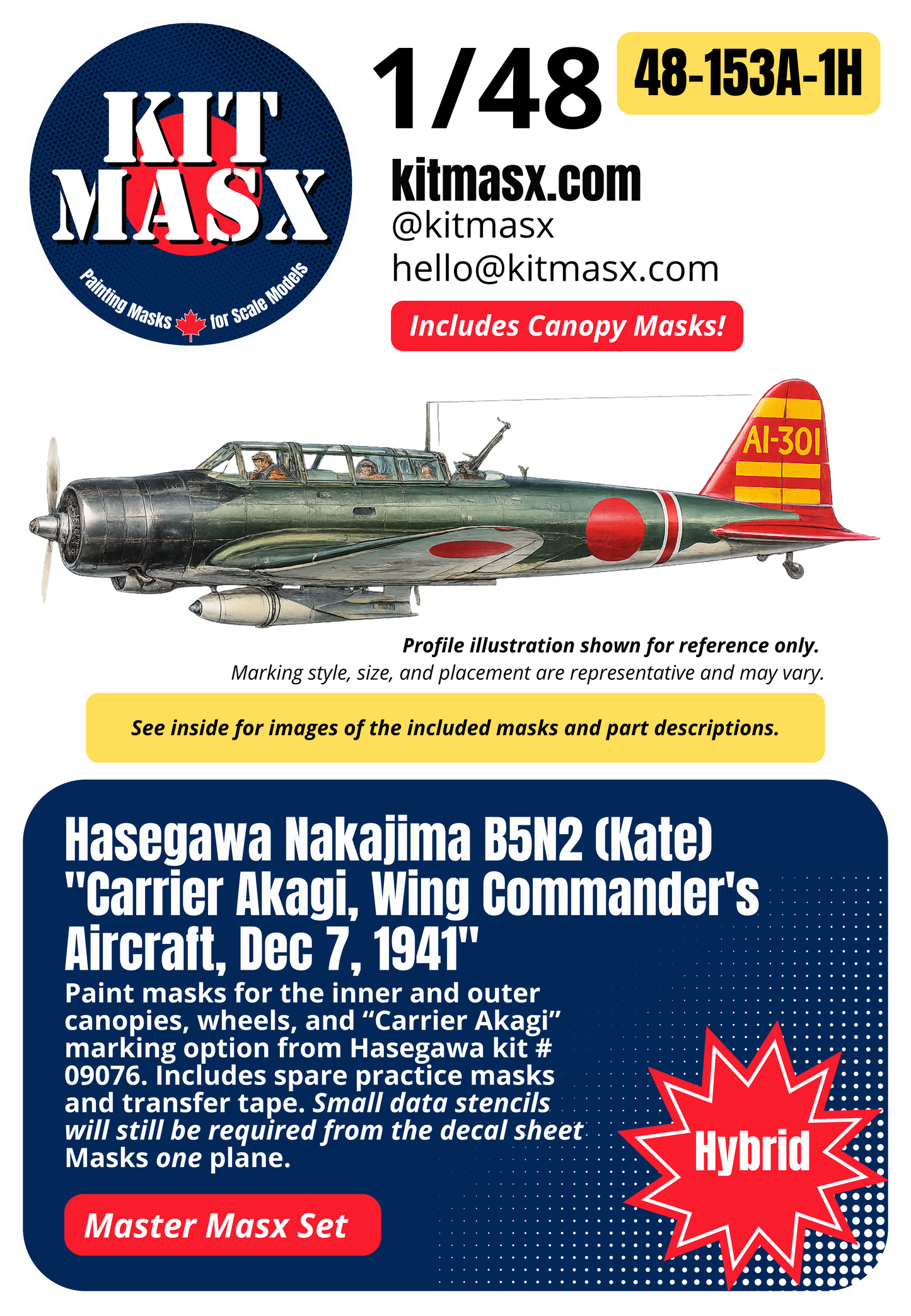 Hasegawa Nakajima B5N2 (Kate) "Carrier Akagi, Wing Commander's Aircraft, Dec 7, 1941" 1/48 All-in-One Master Mask Set, Kit # 09076