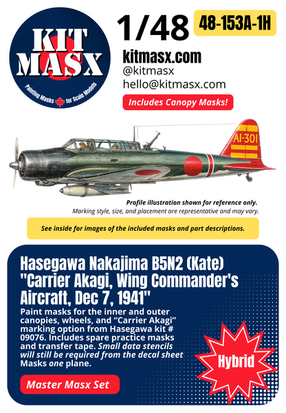 Hasegawa Nakajima B5N2 (Kate) "Carrier Akagi, Wing Commander's Aircraft, Dec 7, 1941" 1/48 All-in-One Master Mask Set, Kit # 09076