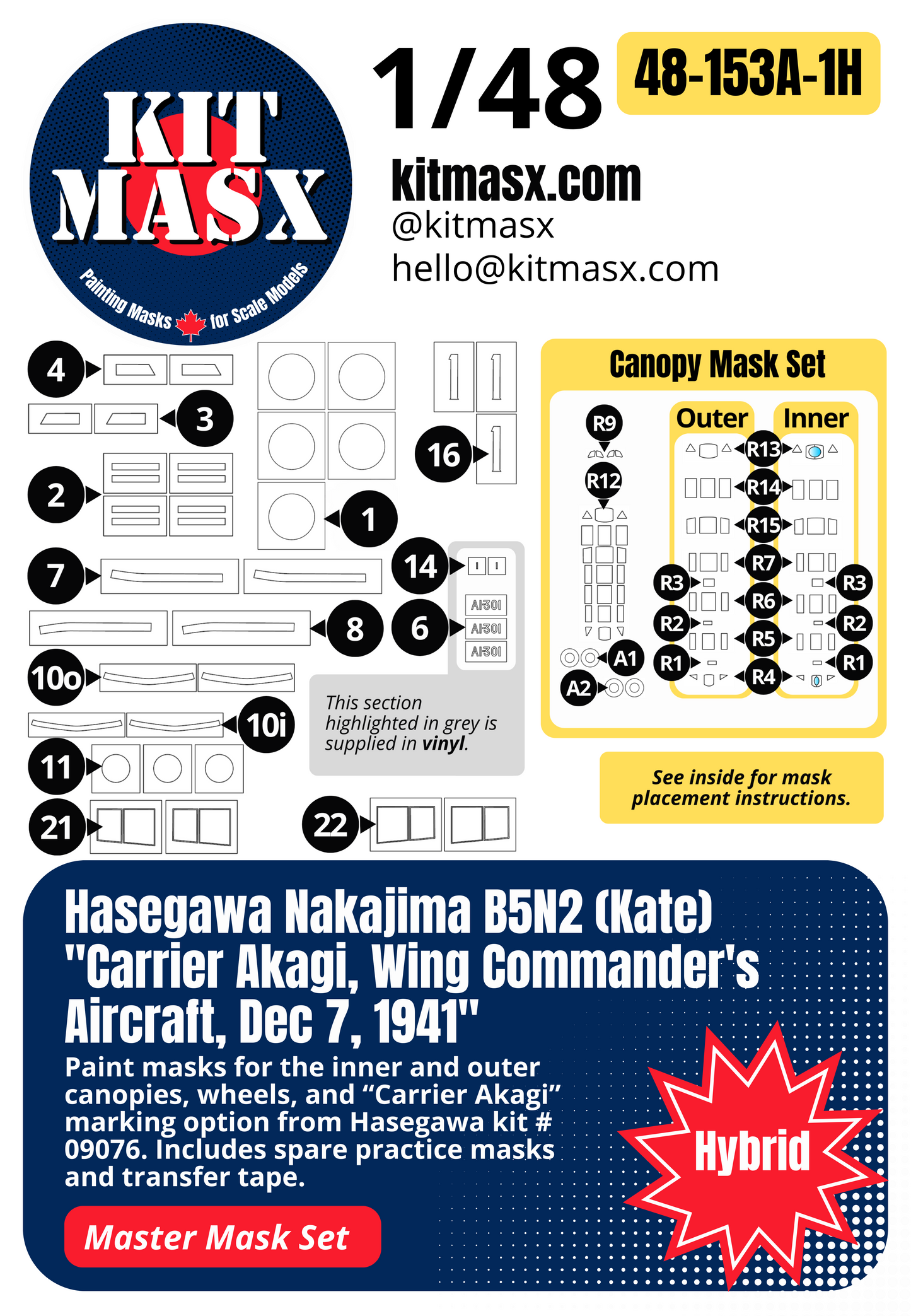Hasegawa Nakajima B5N2 (Kate) "Carrier Akagi, Wing Commander's Aircraft, Dec 7, 1941" 1/48 All-in-One Master Mask Set, Kit # 09076