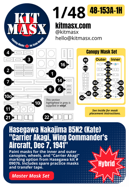 Hasegawa Nakajima B5N2 (Kate) "Carrier Akagi, Wing Commander's Aircraft, Dec 7, 1941" 1/48 All-in-One Master Mask Set, Kit # 09076