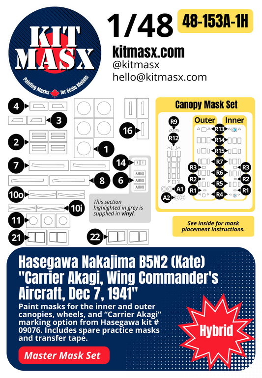 Hasegawa Nakajima B5N2 (Kate) "Carrier Akagi, Wing Commander's Aircraft, Dec 7, 1941" 1/48 All-in-One Master Mask Set, Kit # 09076