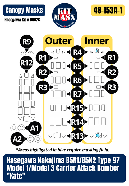 Hasegawa Nakajima B5N2 (Kate) "Carrier Akagi, Wing Commander's Aircraft, Dec 7, 1941" 1/48 Master Mask Set, Kit # 09076