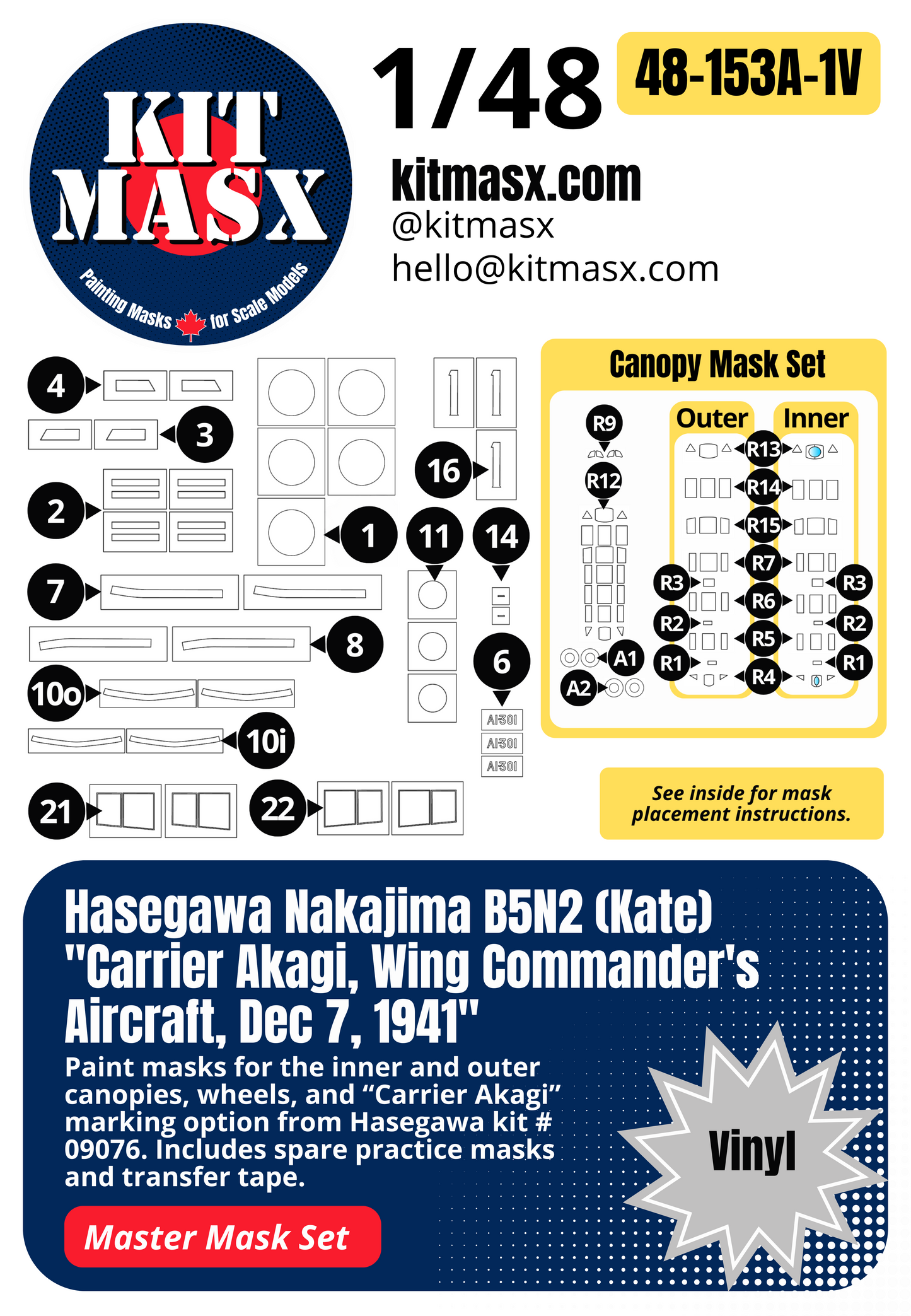 Hasegawa Nakajima B5N2 (Kate) "Carrier Akagi, Wing Commander's Aircraft, Dec 7, 1941" 1/48 All-in-One Master Mask Set, Kit # 09076