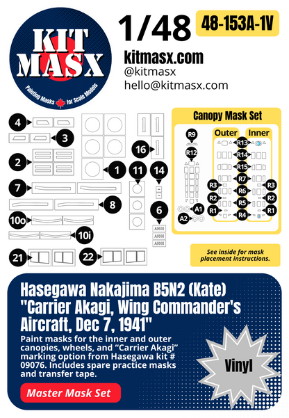 Hasegawa Nakajima B5N2 (Kate) "Carrier Akagi, Wing Commander's Aircraft, Dec 7, 1941" 1/48 All-in-One Master Mask Set, Kit # 09076