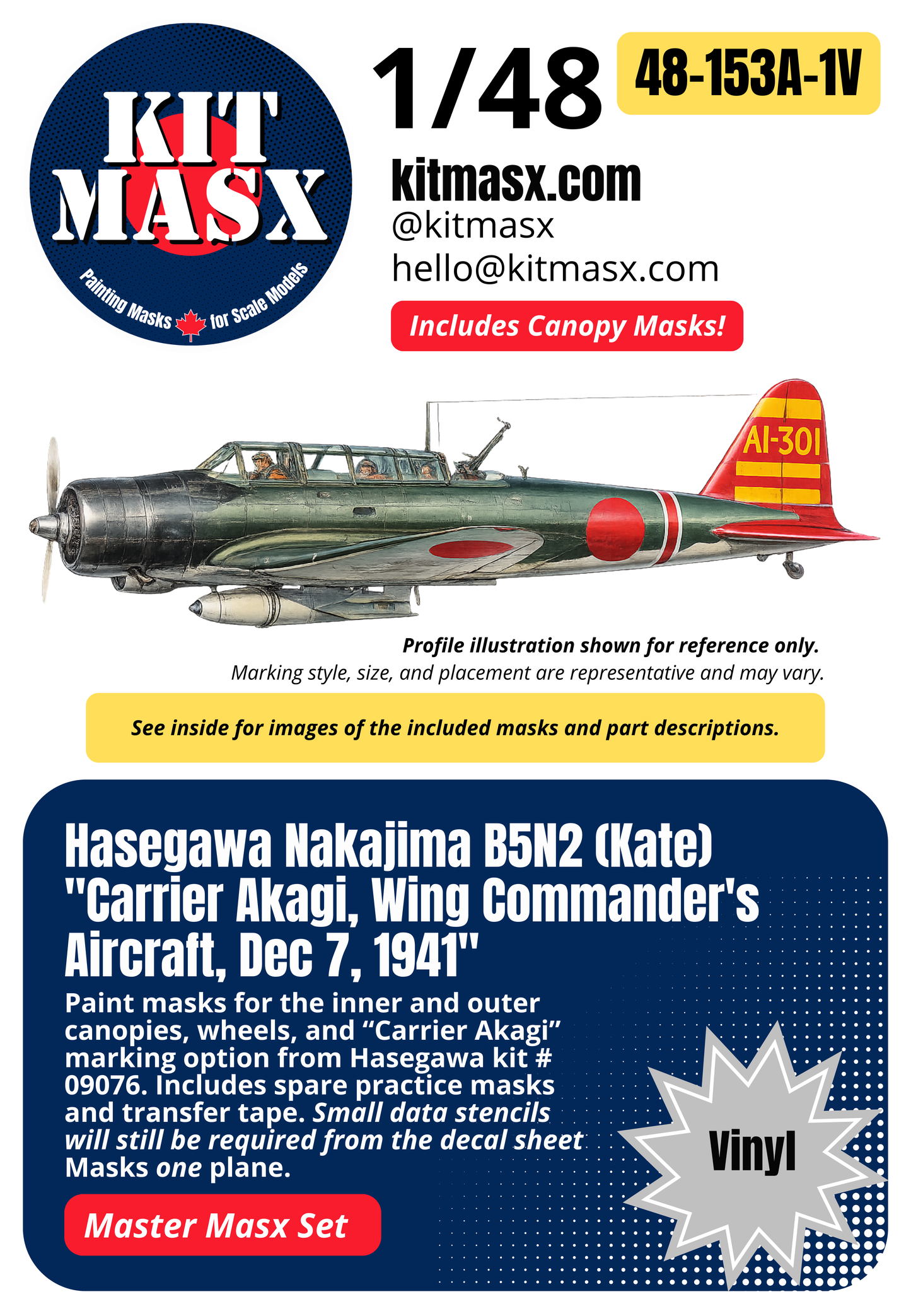 Hasegawa Nakajima B5N2 (Kate) "Carrier Akagi, Wing Commander's Aircraft, Dec 7, 1941" 1/48 All-in-One Master Mask Set, Kit # 09076