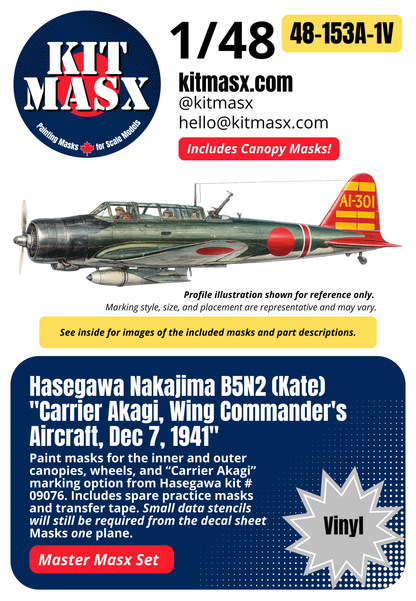 Hasegawa Nakajima B5N2 (Kate) "Carrier Akagi, Wing Commander's Aircraft, Dec 7, 1941" 1/48 All-in-One Master Mask Set, Kit # 09076