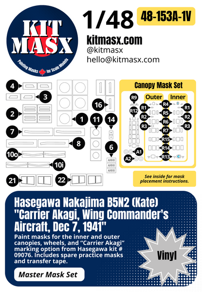 Hasegawa Nakajima B5N2 (Kate) "Carrier Akagi, Wing Commander's Aircraft, Dec 7, 1941" 1/48 Master Mask Set, Kit # 09076