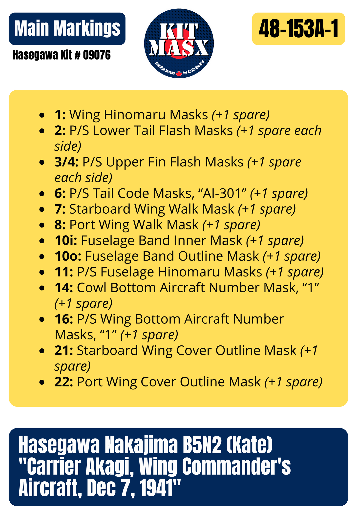 Hasegawa Nakajima B5N2 (Kate) "Carrier Akagi, Wing Commander's Aircraft, Dec 7, 1941" 1/48 All-in-One Master Mask Set, Kit # 09076
