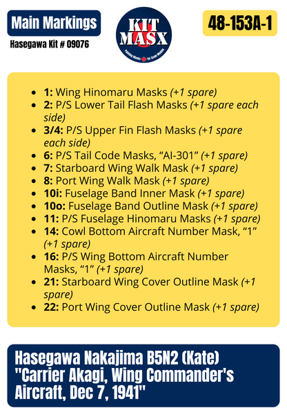 Hasegawa Nakajima B5N2 (Kate) "Carrier Akagi, Wing Commander's Aircraft, Dec 7, 1941" 1/48 All-in-One Master Mask Set, Kit # 09076