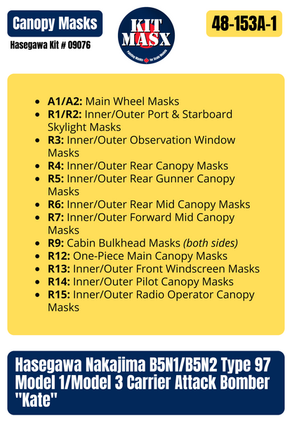 Hasegawa Nakajima B5N2 (Kate) "Carrier Akagi, Wing Commander's Aircraft, Dec 7, 1941" 1/48 All-in-One Master Mask Set, Kit # 09076