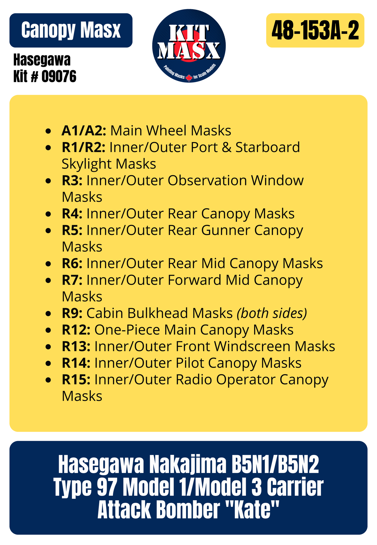 Hasegawa Nakajima B5N2 (Kate) "Carrier Soryu, Dec 7, 1941" 1/48 All-in-One Master Mask Set, Kit # 09076