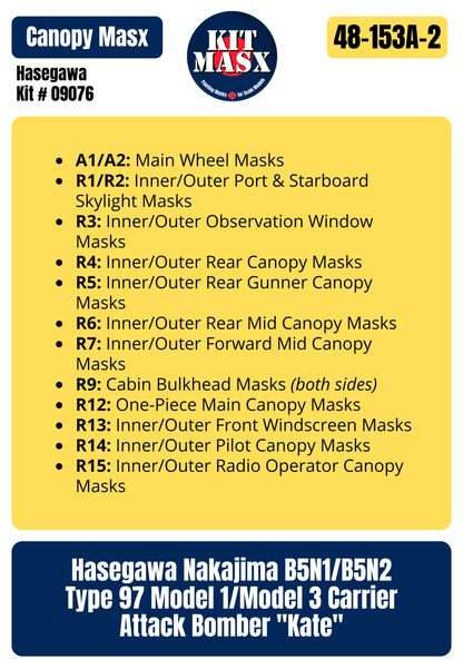 Hasegawa Nakajima B5N2 (Kate) "Carrier Soryu, Dec 7, 1941" 1/48 All-in-One Master Mask Set, Kit # 09076